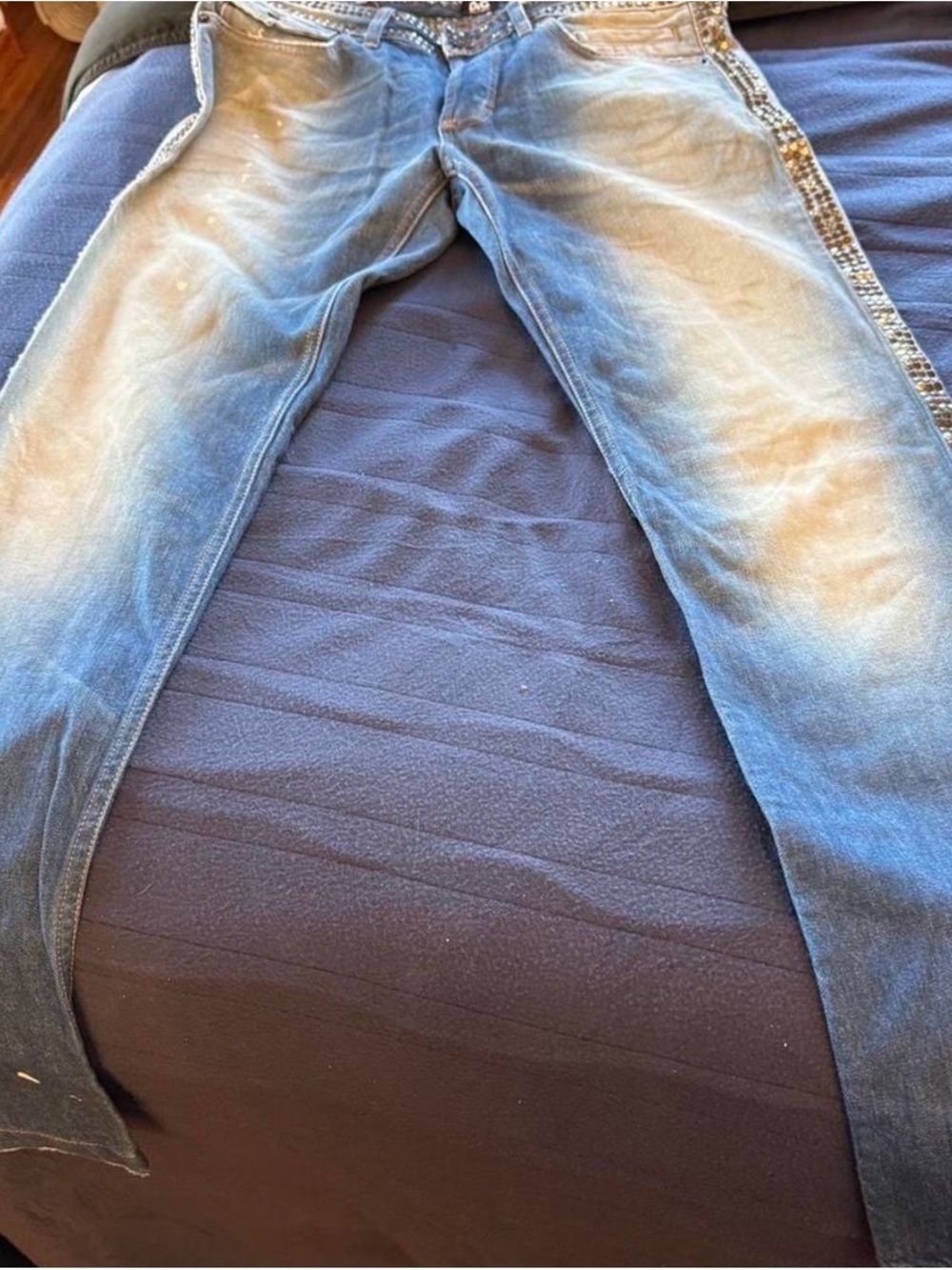 Dolce & Gabbana Medium Blue Straight Leg Jeans with Gold Stud Side Trim - Picture 2 of 4
